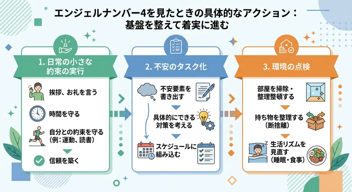 エンジェルナンバー4を見た際に実践すべき3つの具体的な行動手順