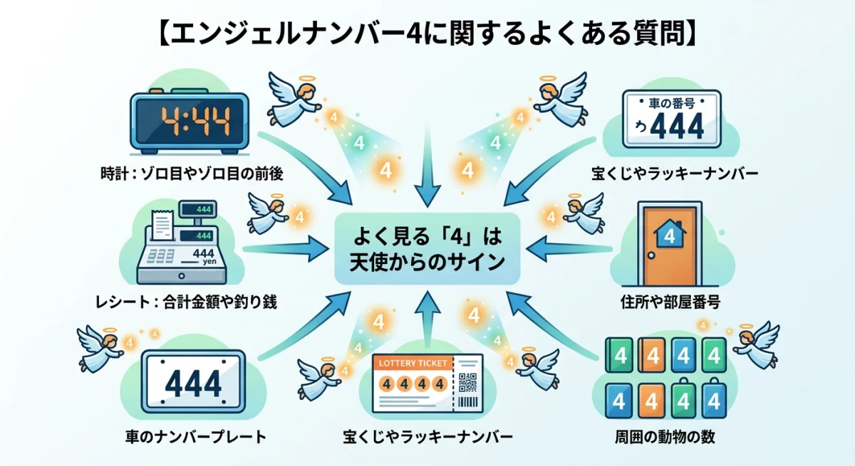 日常で数字の4を頻繁に見かけるシーンとそれが持つ意味の関係図