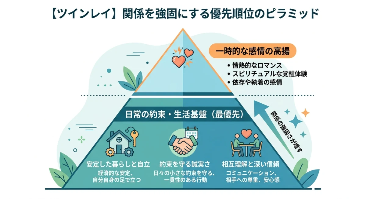 ツインレイ関係において生活基盤を土台に信頼を構築する重要性を示す図解