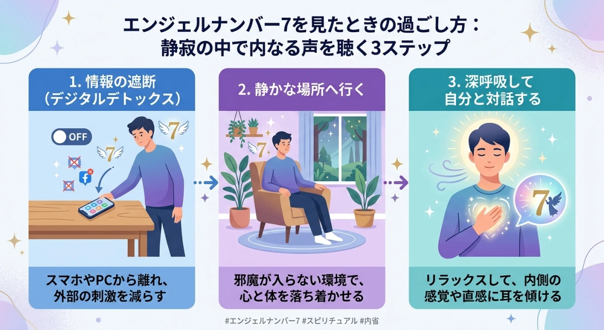 エンジェルナンバー7を見たときに静寂を作り内なる声を聴くための3ステップ手順。