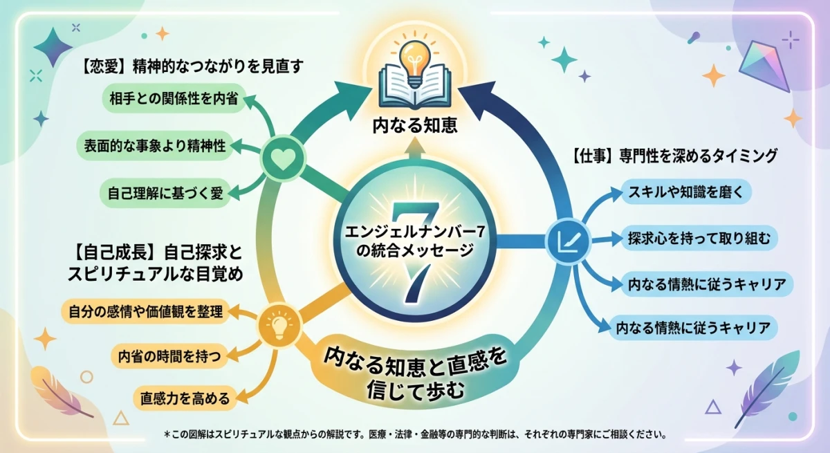 エンジェルナンバー7が恋愛、仕事、自己成長に与える影響をまとめた全体マップ。