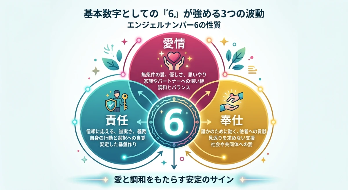 数字の6が持つ愛情・責任・奉仕という3つの要素の関係性を表した図解。