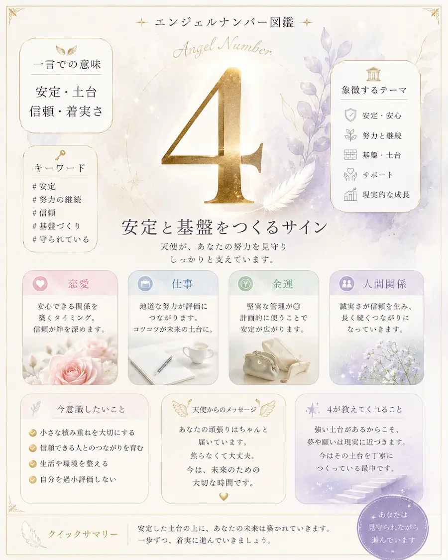 エンジェルナンバー4が持つ意味まとめ